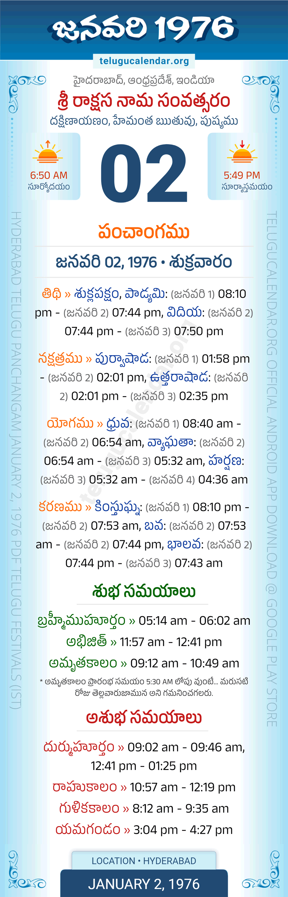 January 2, 1976 Telugu Calendar Panchangam Daily