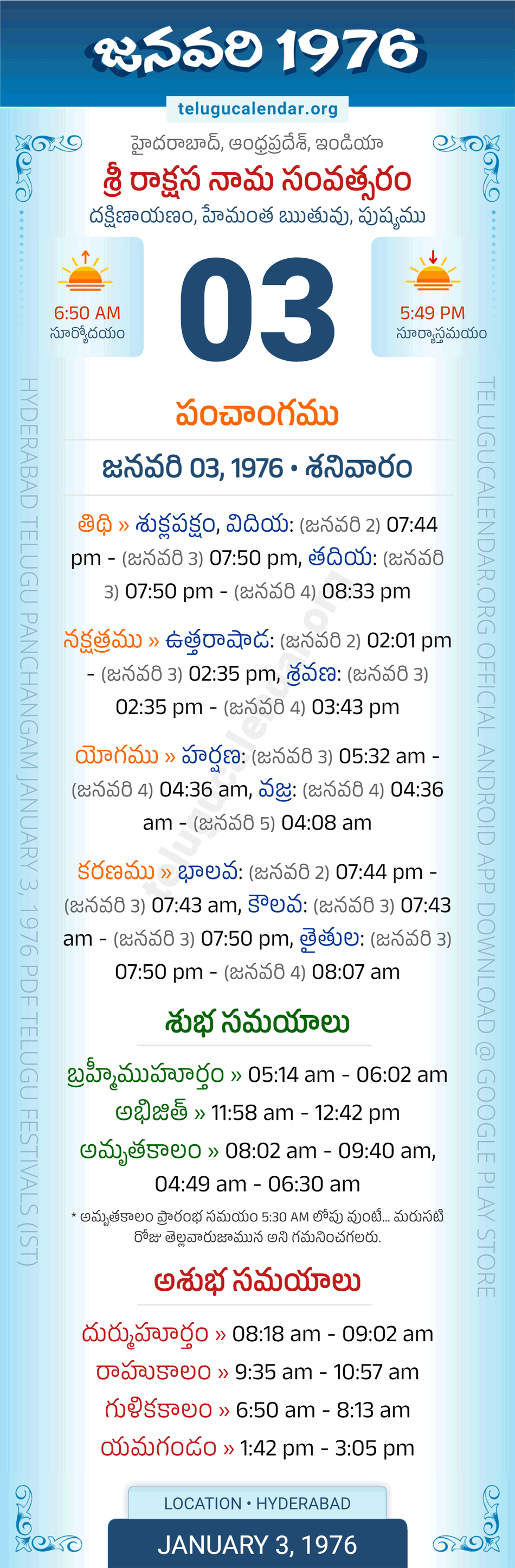 January 3, 1976 Telugu Calendar Panchangam Daily
