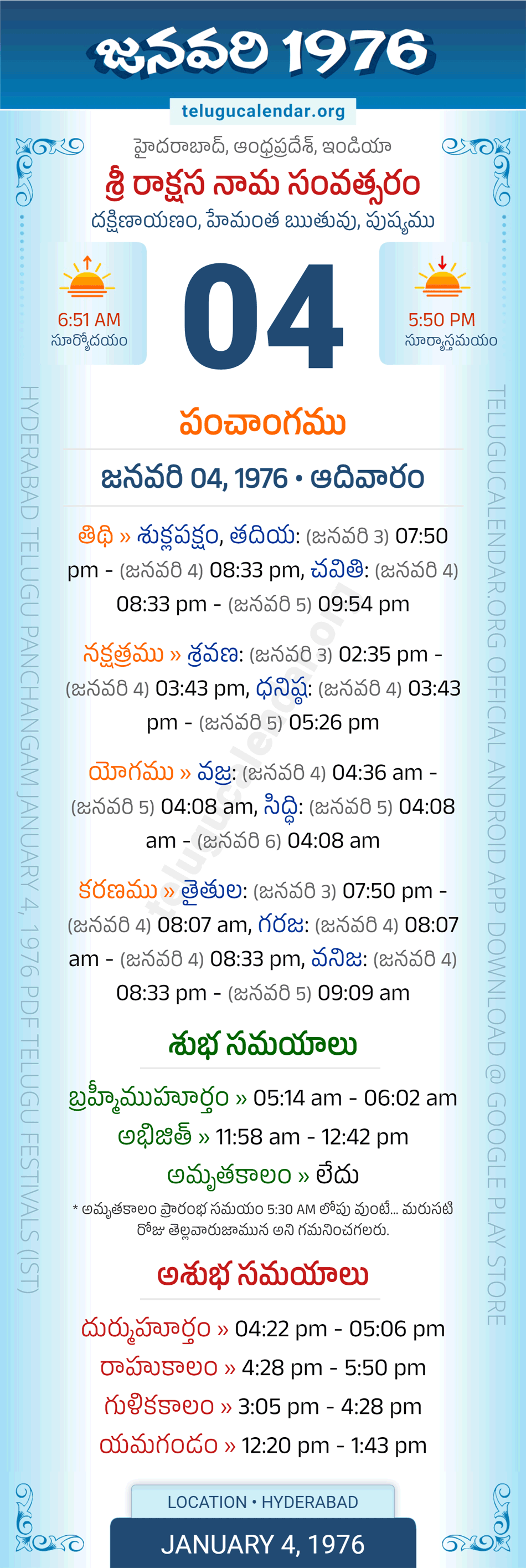 January 4, 1976 Telugu Calendar Panchangam Daily