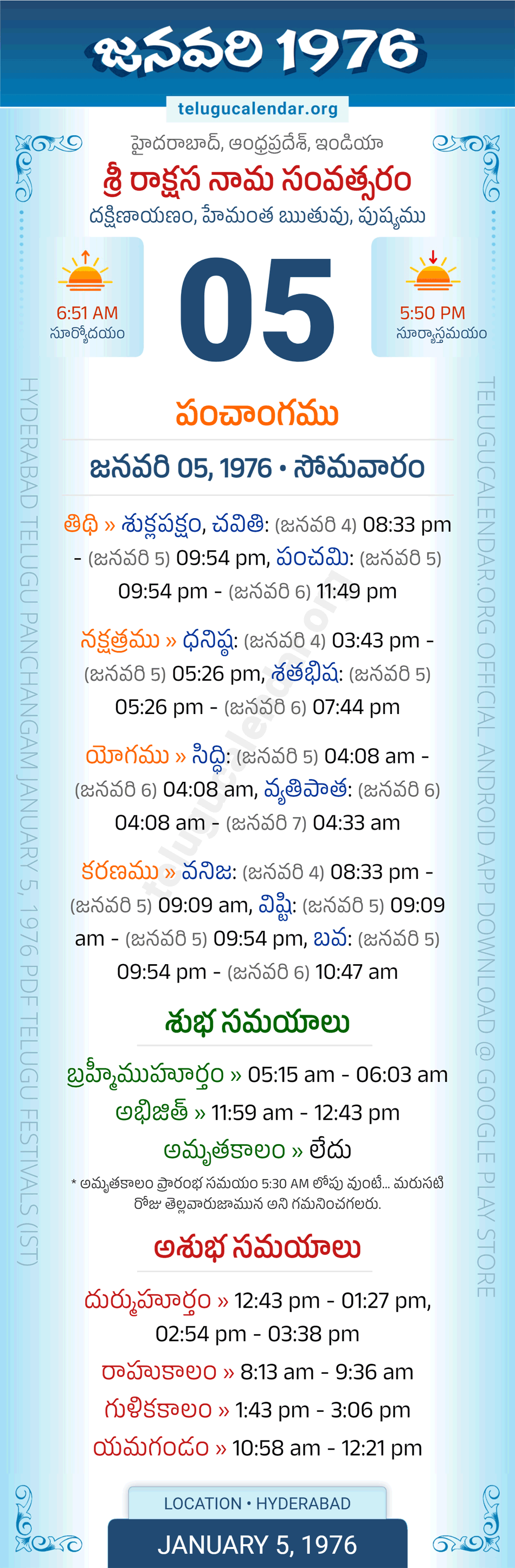 January 5, 1976 Telugu Calendar Panchangam Daily