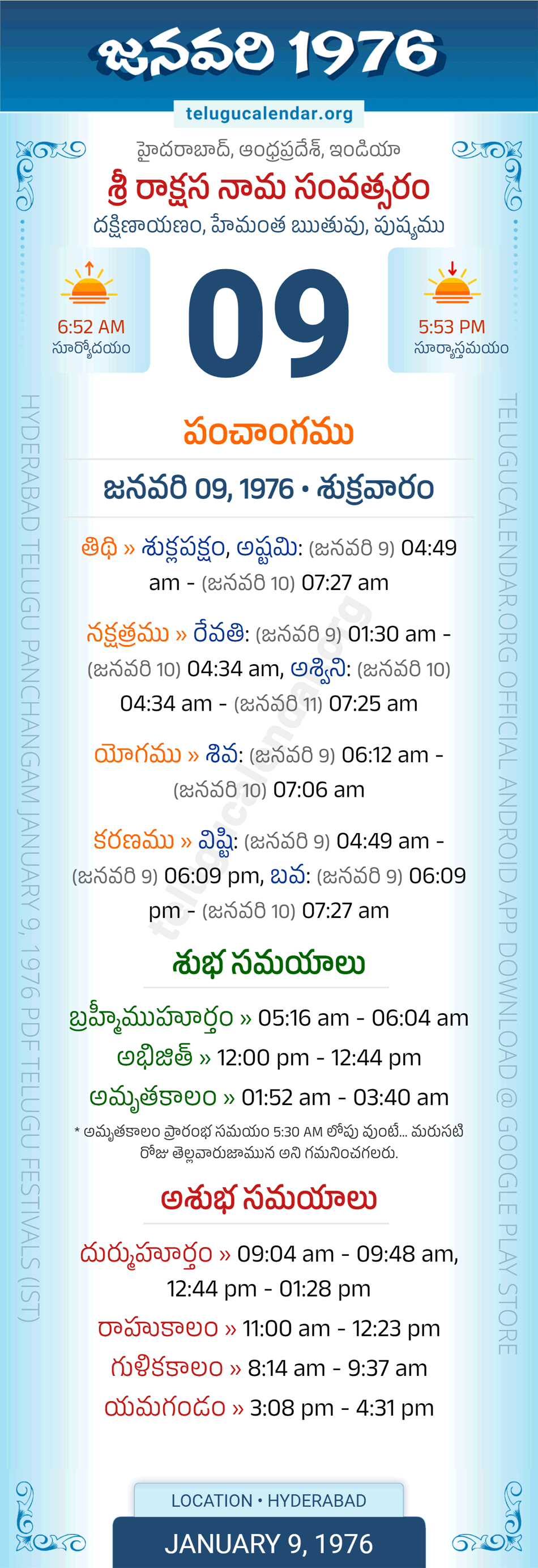 January 9, 1976 Telugu Calendar Panchangam Daily