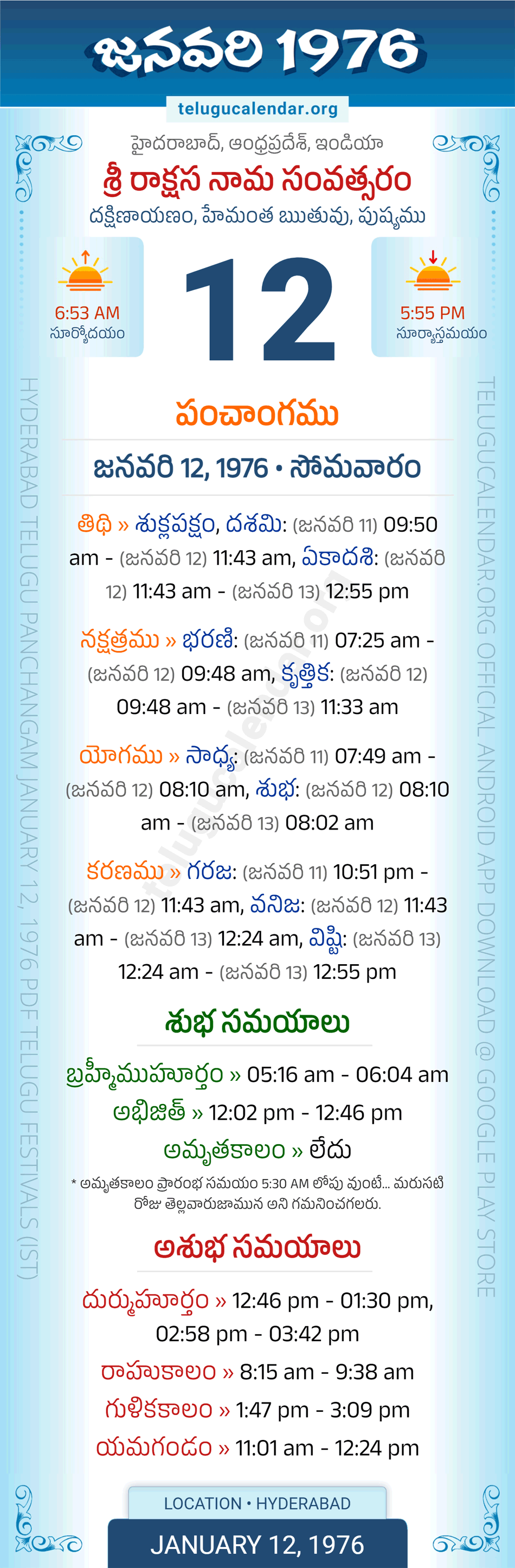January 12, 1976 Telugu Calendar Panchangam Daily