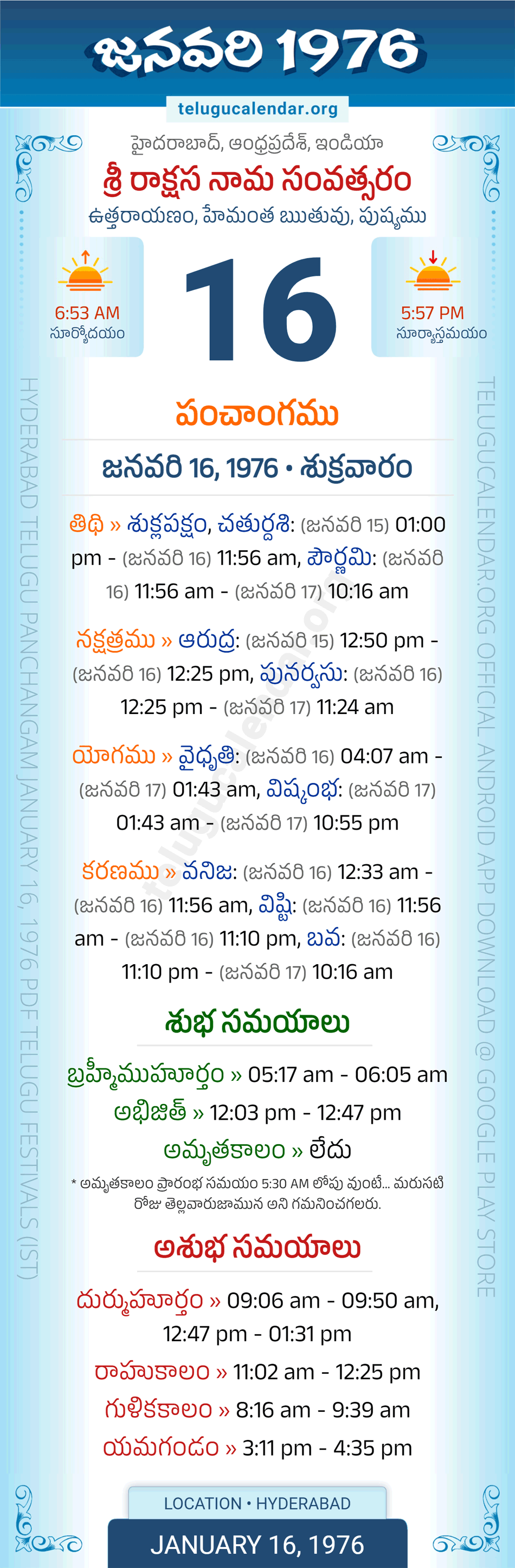 January 16, 1976 Telugu Calendar Panchangam Daily