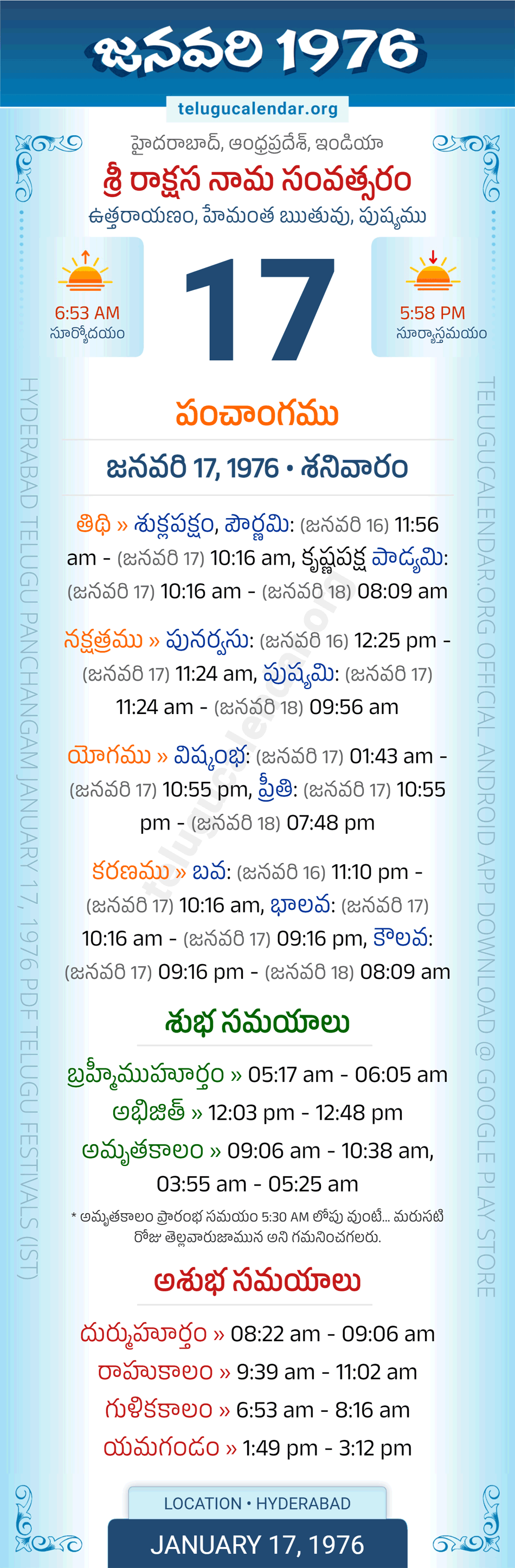 January 17, 1976 Telugu Calendar Panchangam Daily