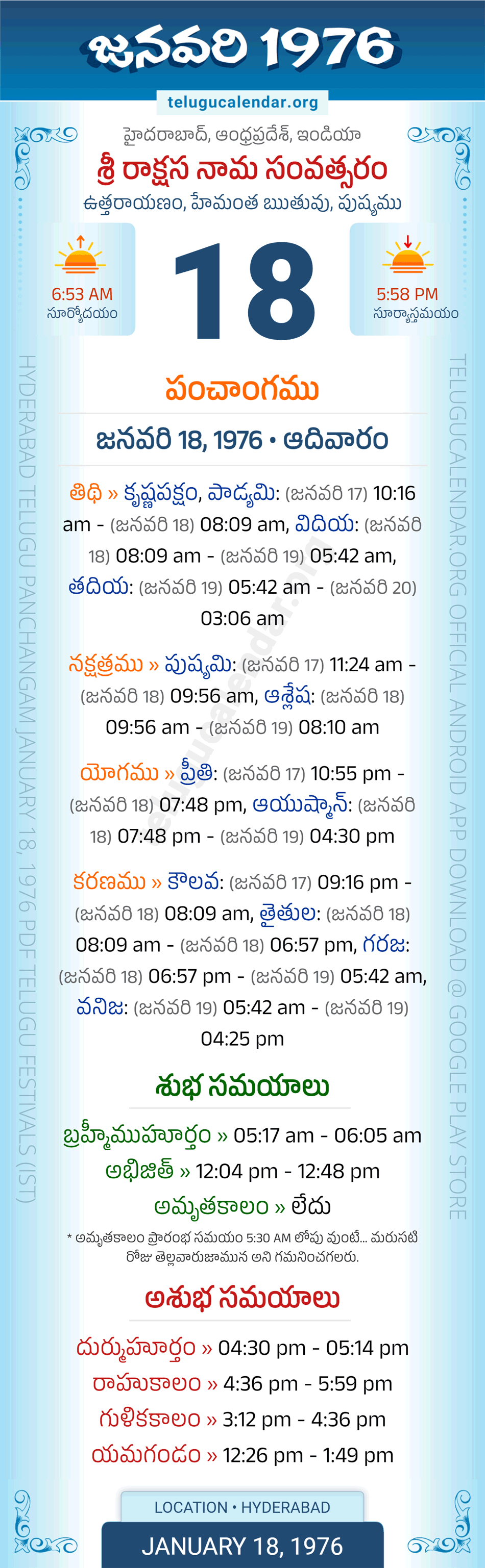 January 18, 1976 Telugu Calendar Panchangam Daily