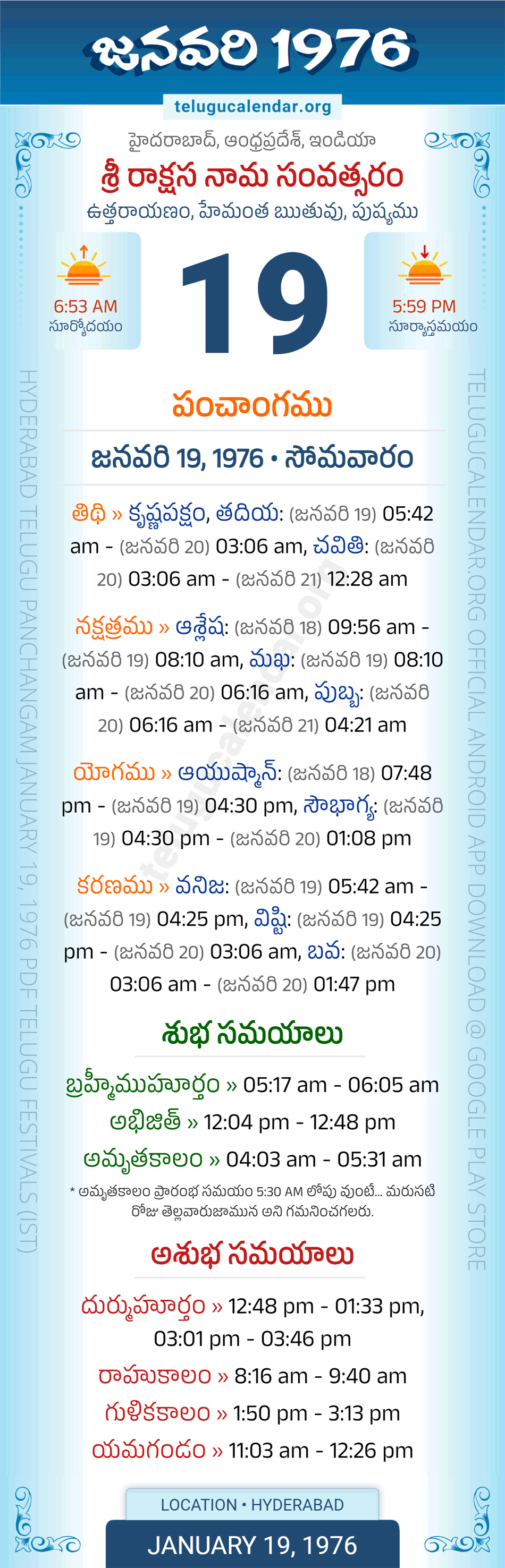 January 19, 1976 Telugu Calendar Panchangam Daily