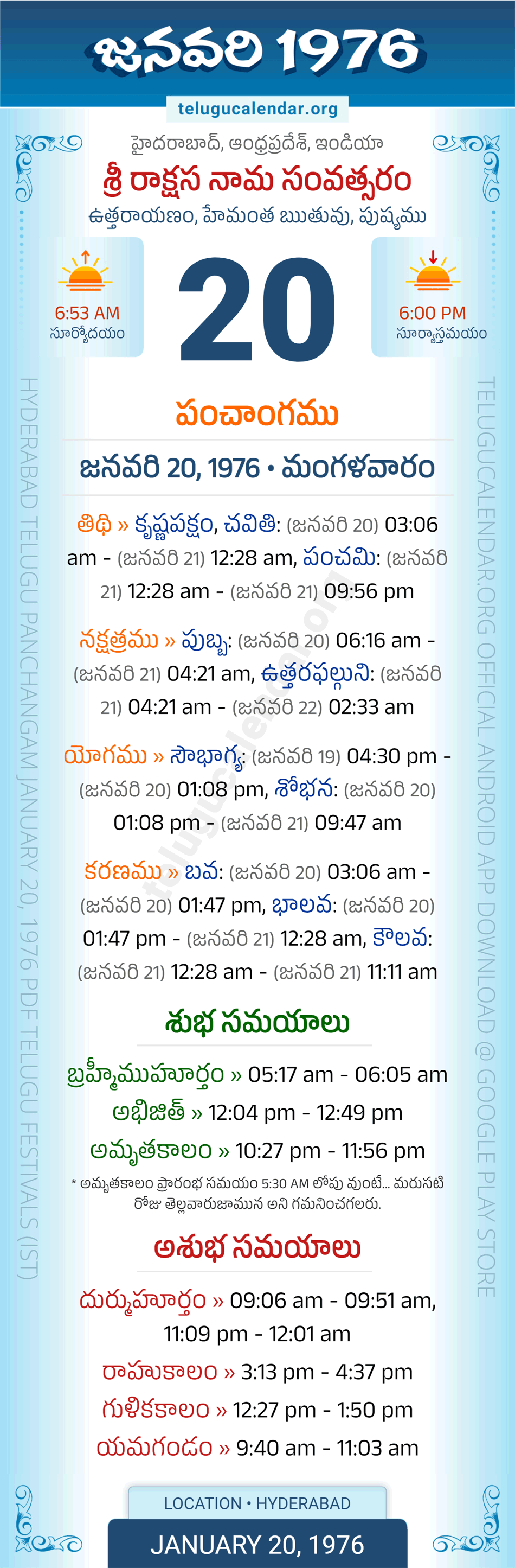 January 20, 1976 Telugu Calendar Panchangam Daily