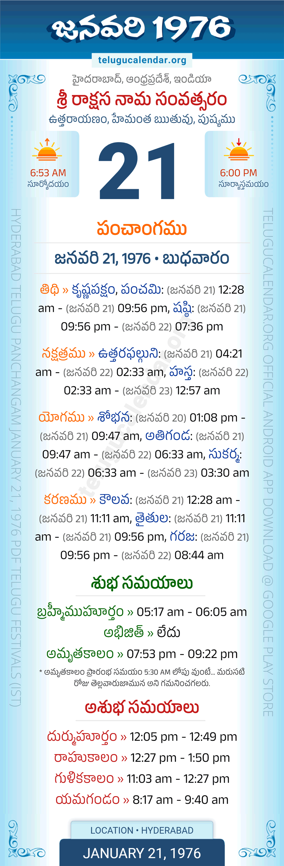 January 21, 1976 Telugu Calendar Panchangam Daily