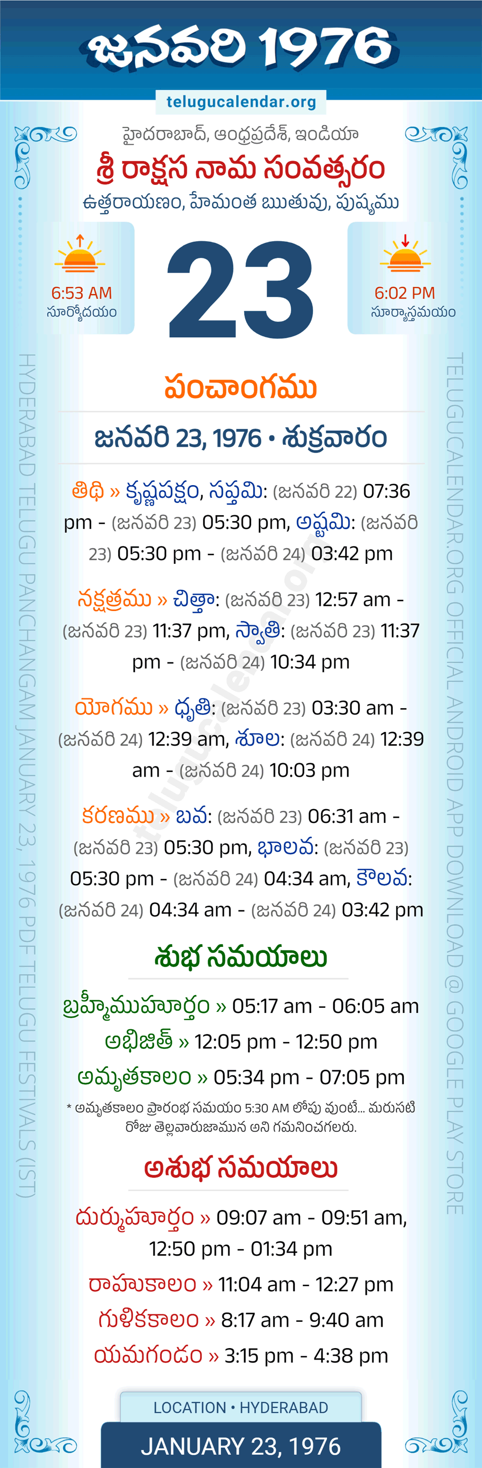 January 23, 1976 Telugu Calendar Panchangam Daily