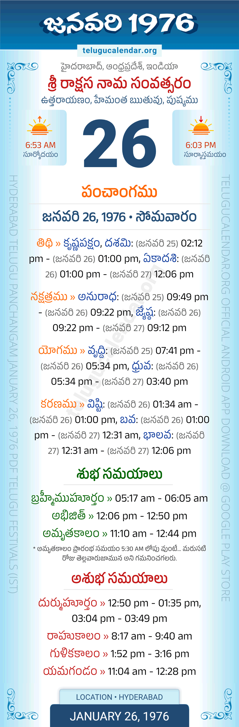 January 26, 1976 Telugu Calendar Panchangam Daily