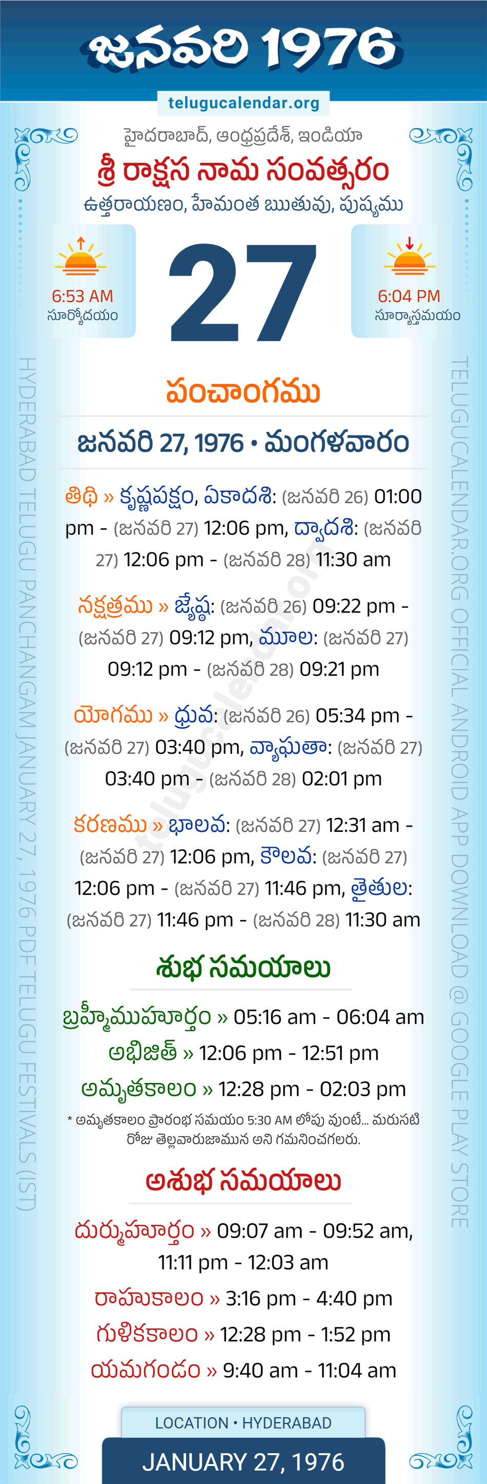 January 27, 1976 Telugu Calendar Panchangam Daily