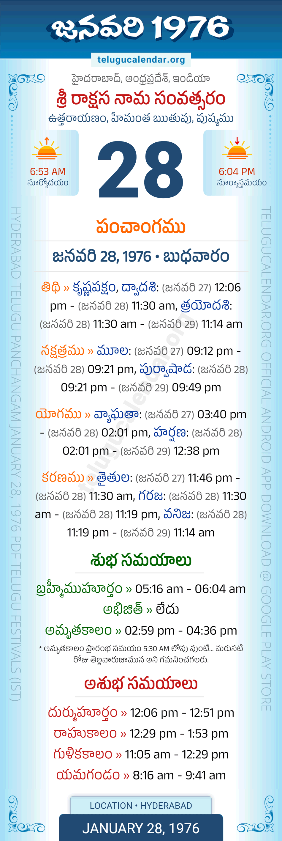 January 28, 1976 Telugu Calendar Panchangam Daily