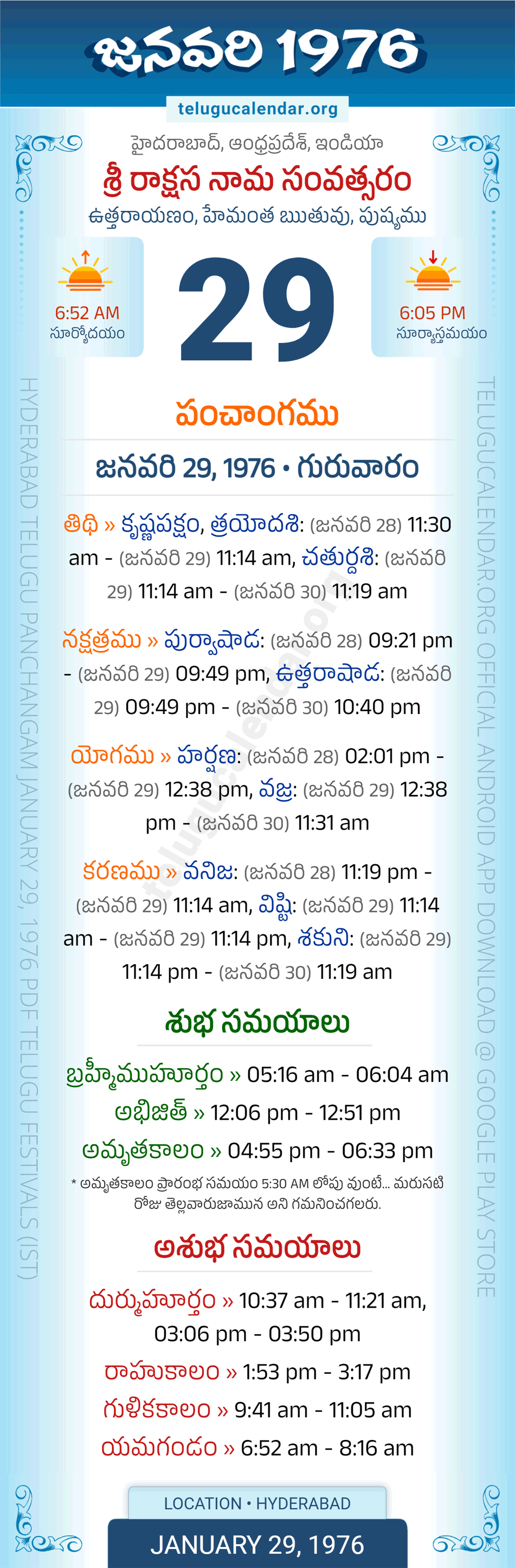 January 29, 1976 Telugu Calendar Panchangam Daily