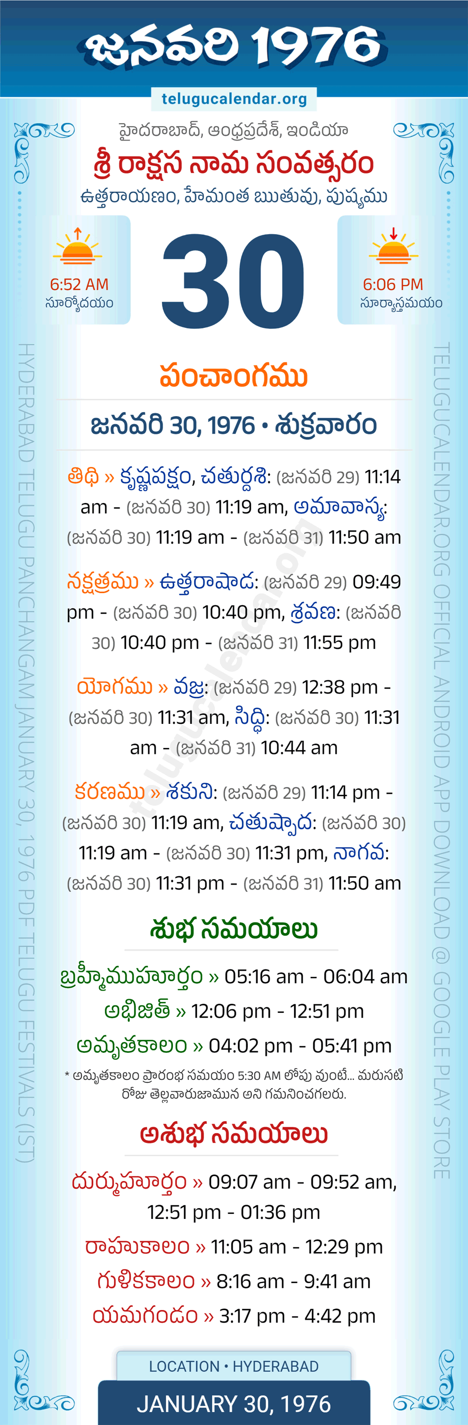 January 30, 1976 Telugu Calendar Panchangam Daily