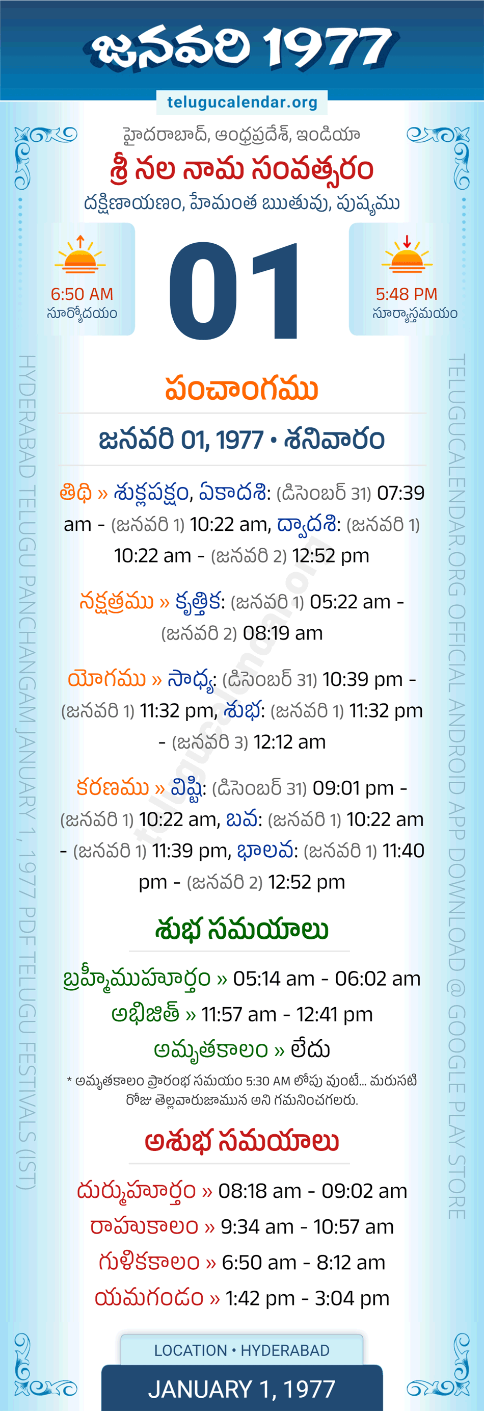 January 1, 1977 Telugu Calendar Panchangam Daily