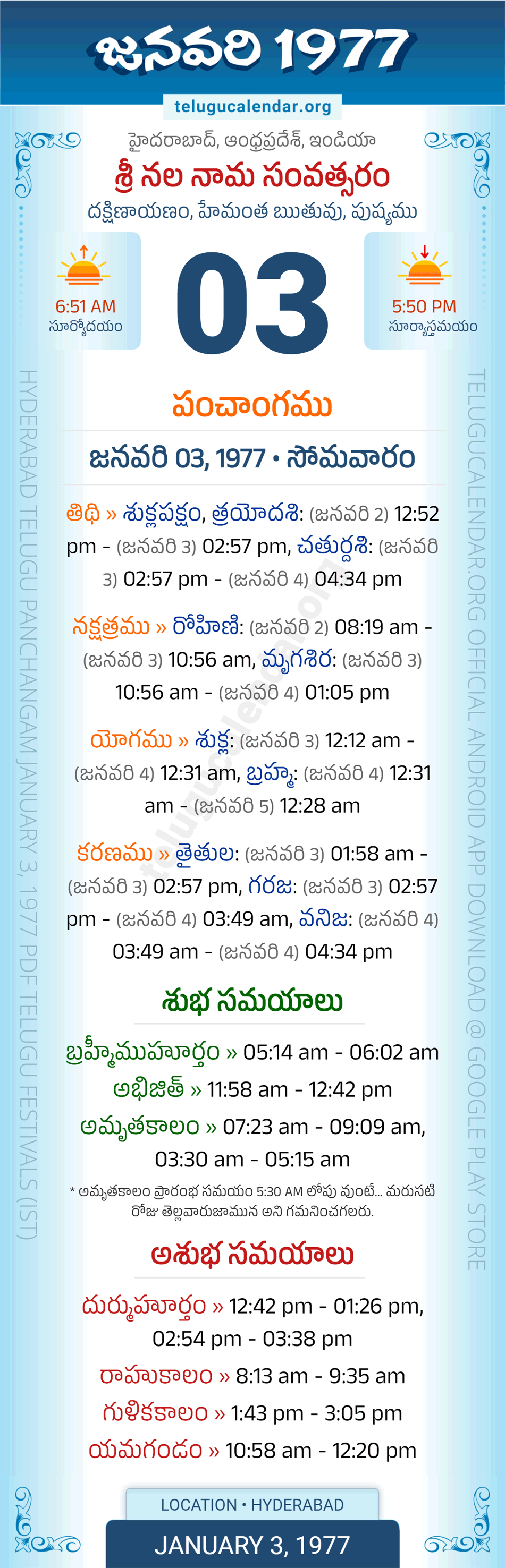 January 3, 1977 Telugu Calendar Panchangam Daily