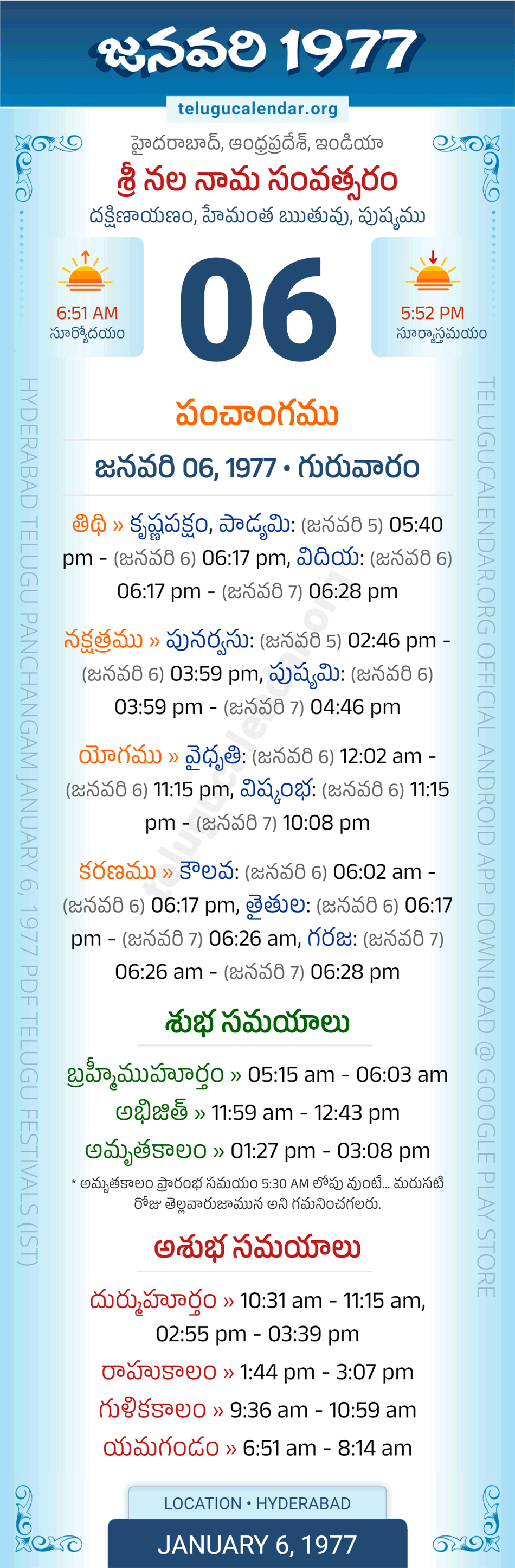 January 6, 1977 Telugu Calendar Panchangam Daily