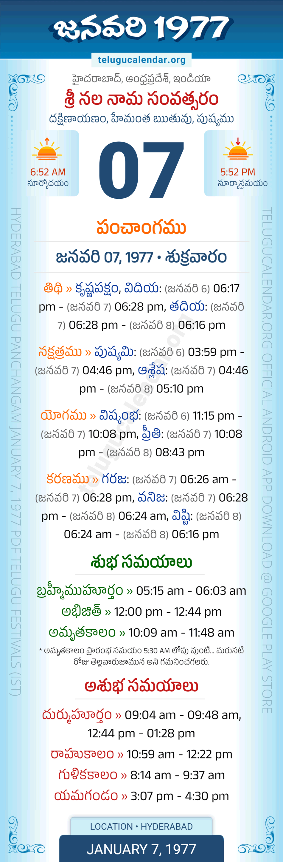 January 7, 1977 Telugu Calendar Panchangam Daily