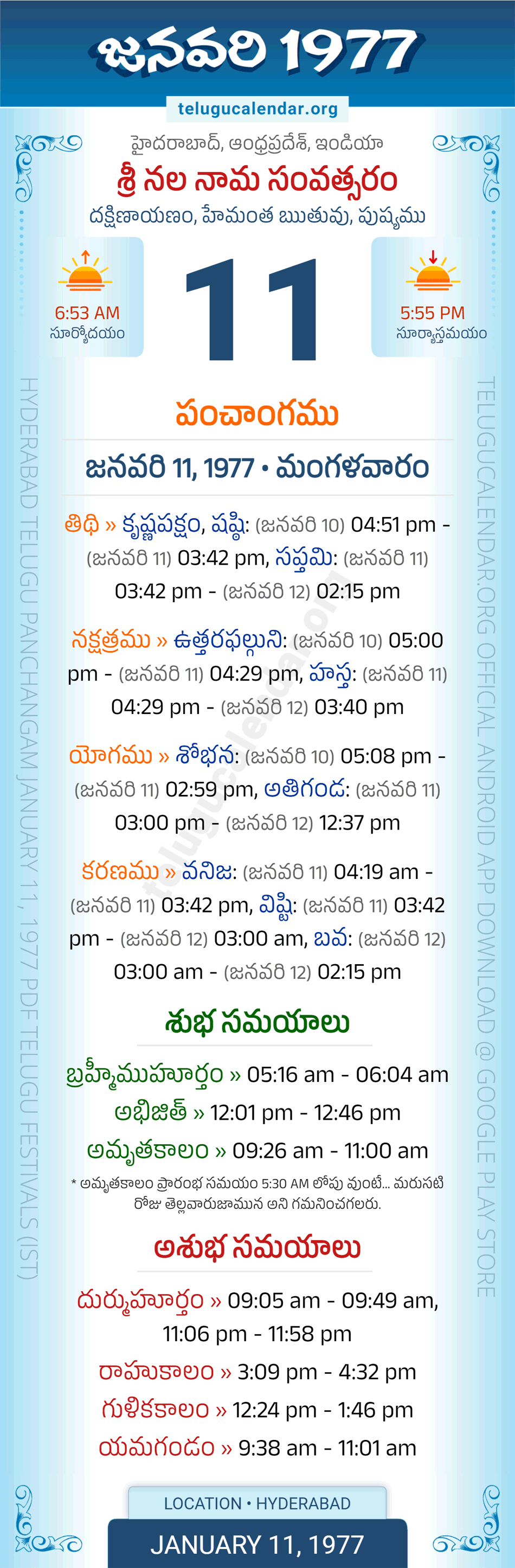 January 11, 1977 Telugu Calendar Panchangam Daily