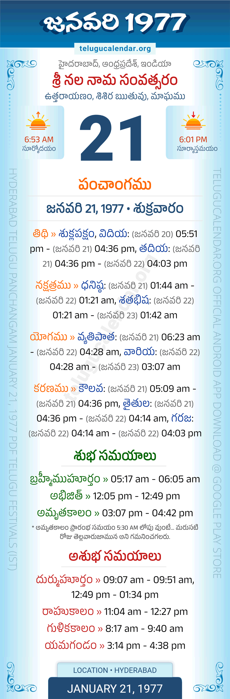 January 21, 1977 Telugu Calendar Panchangam Daily
