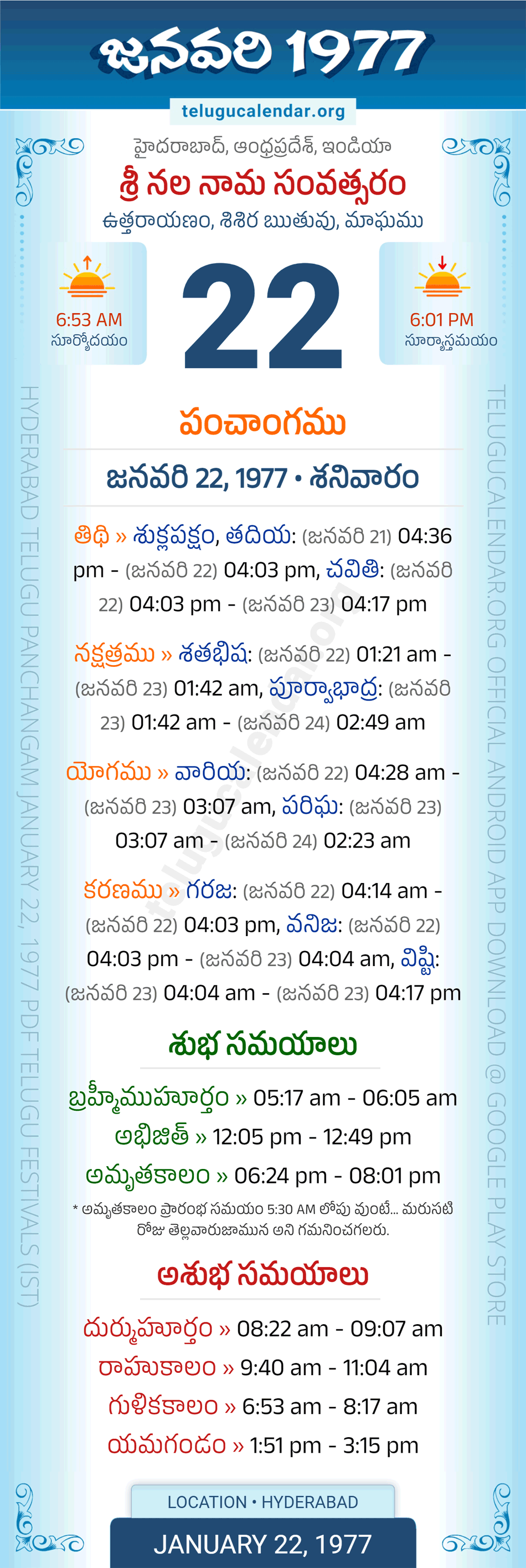 January 22, 1977 Telugu Calendar Panchangam Daily