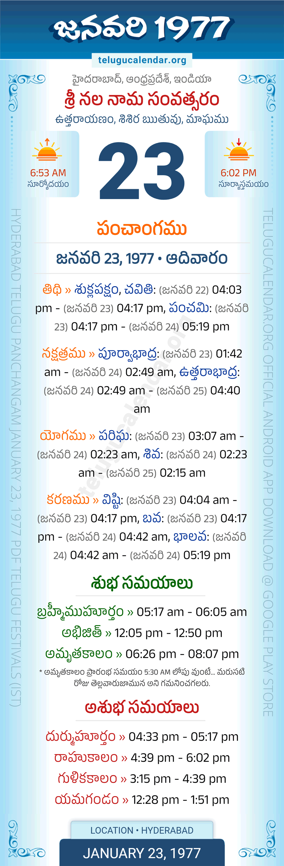 January 23, 1977 Telugu Calendar Panchangam Daily
