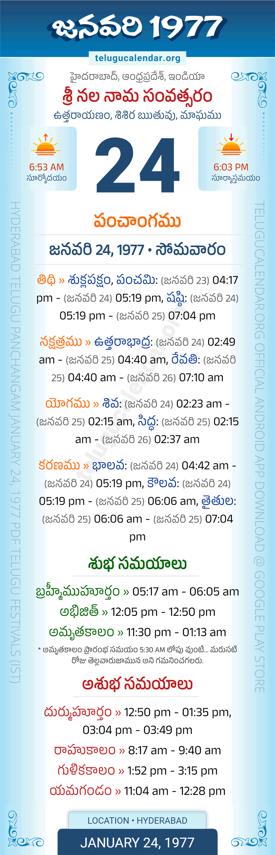 January 24, 1977 Telugu Calendar Panchangam Daily