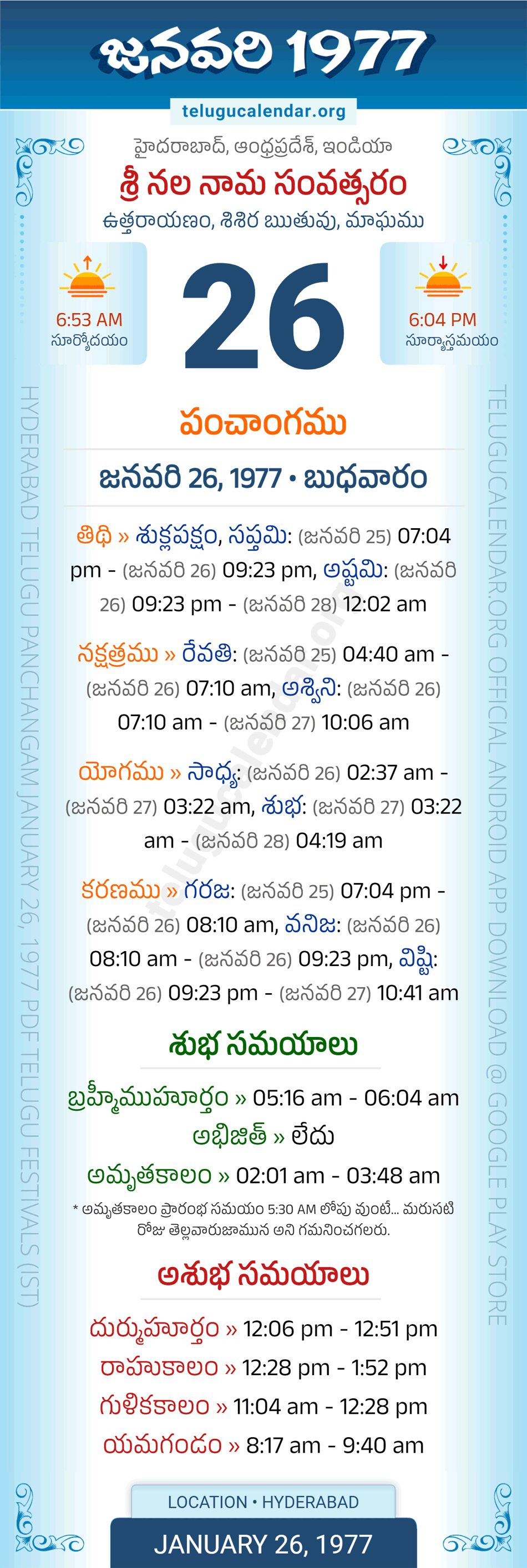 January 26, 1977 Telugu Calendar Panchangam Daily