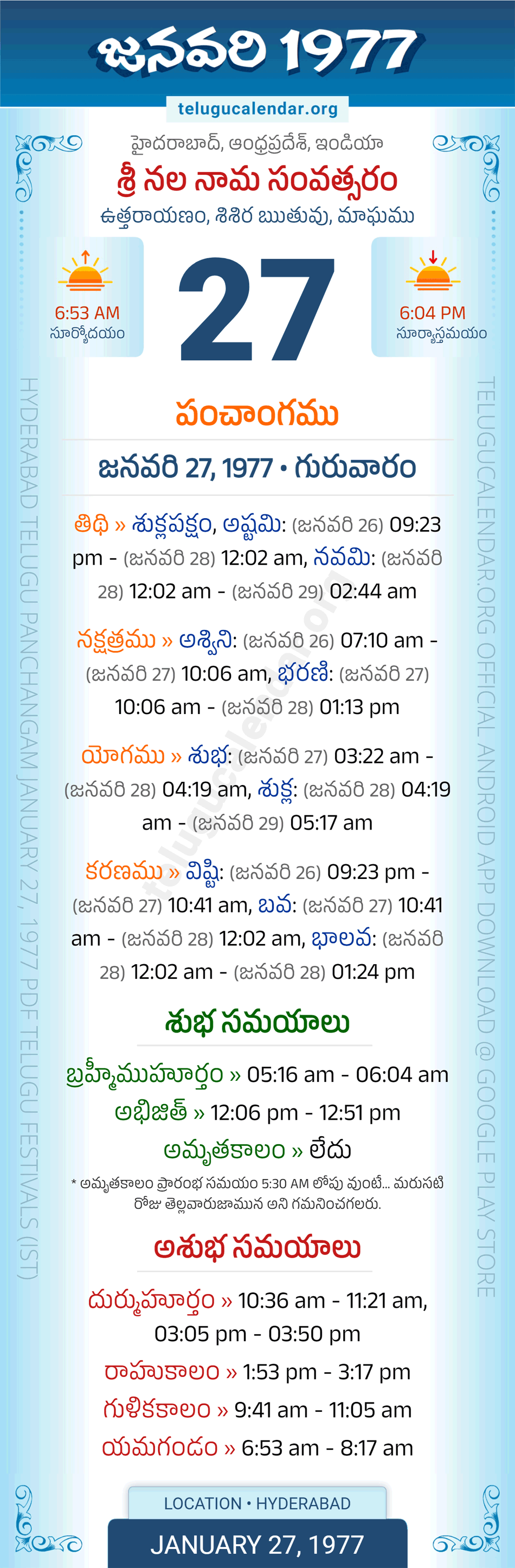 January 27, 1977 Telugu Calendar Panchangam Daily