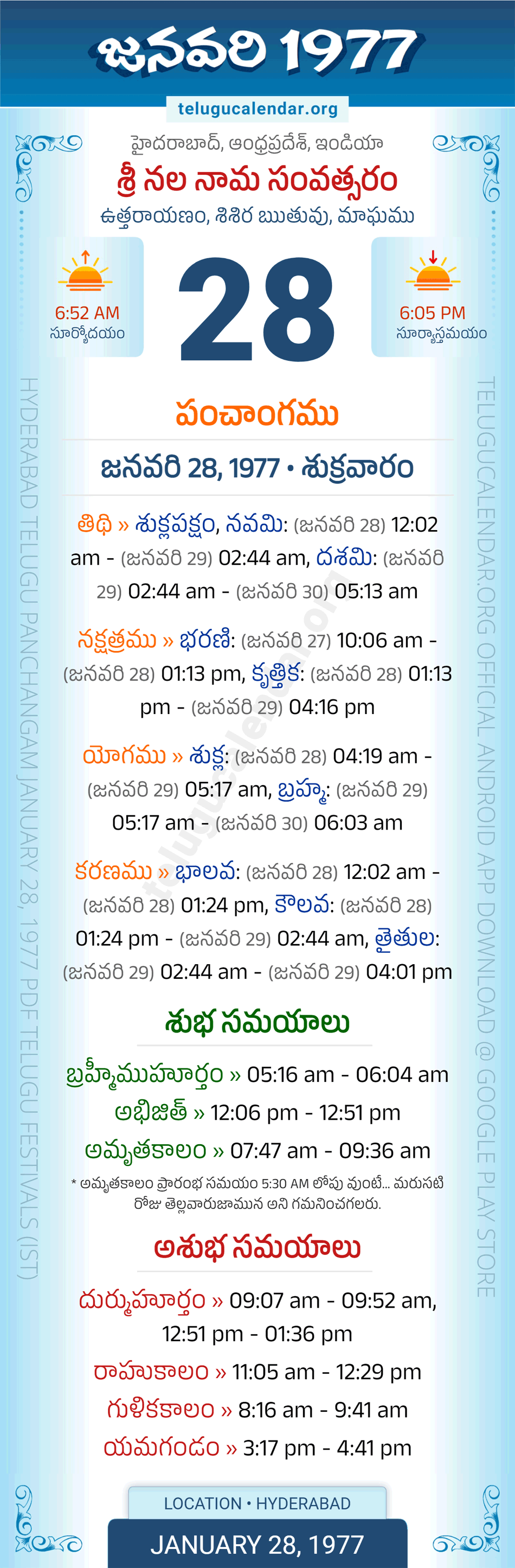 January 28, 1977 Telugu Calendar Panchangam Daily