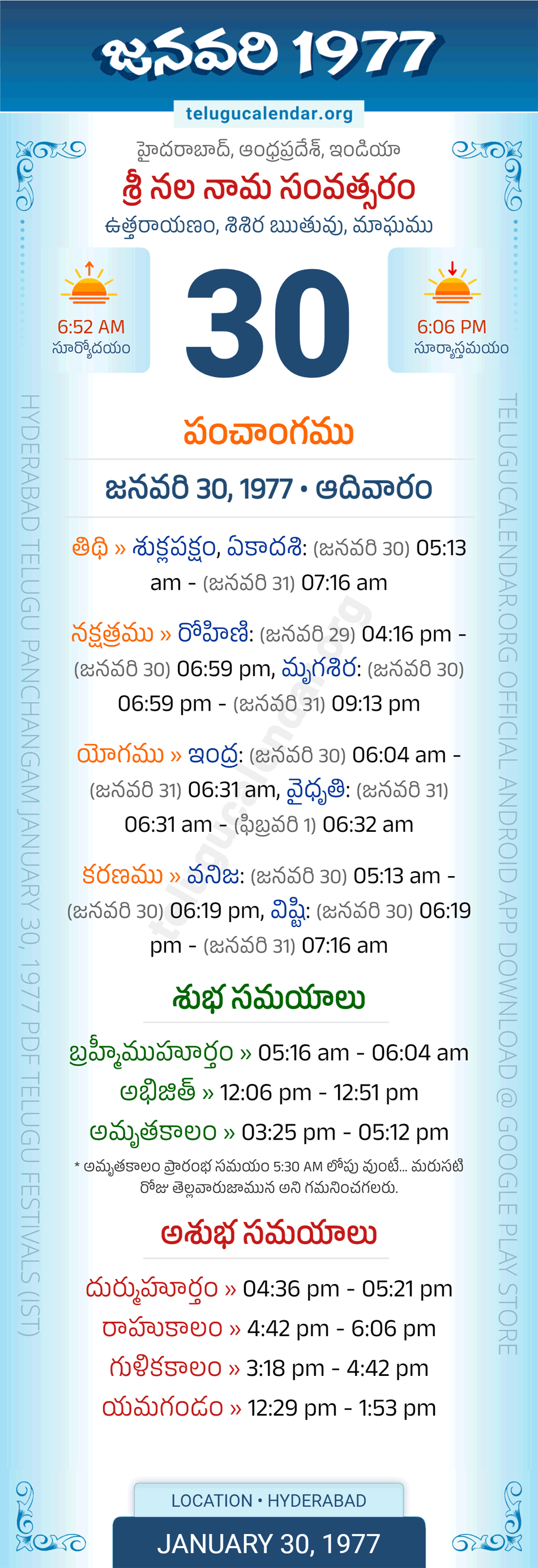 January 30, 1977 Telugu Calendar Panchangam Daily