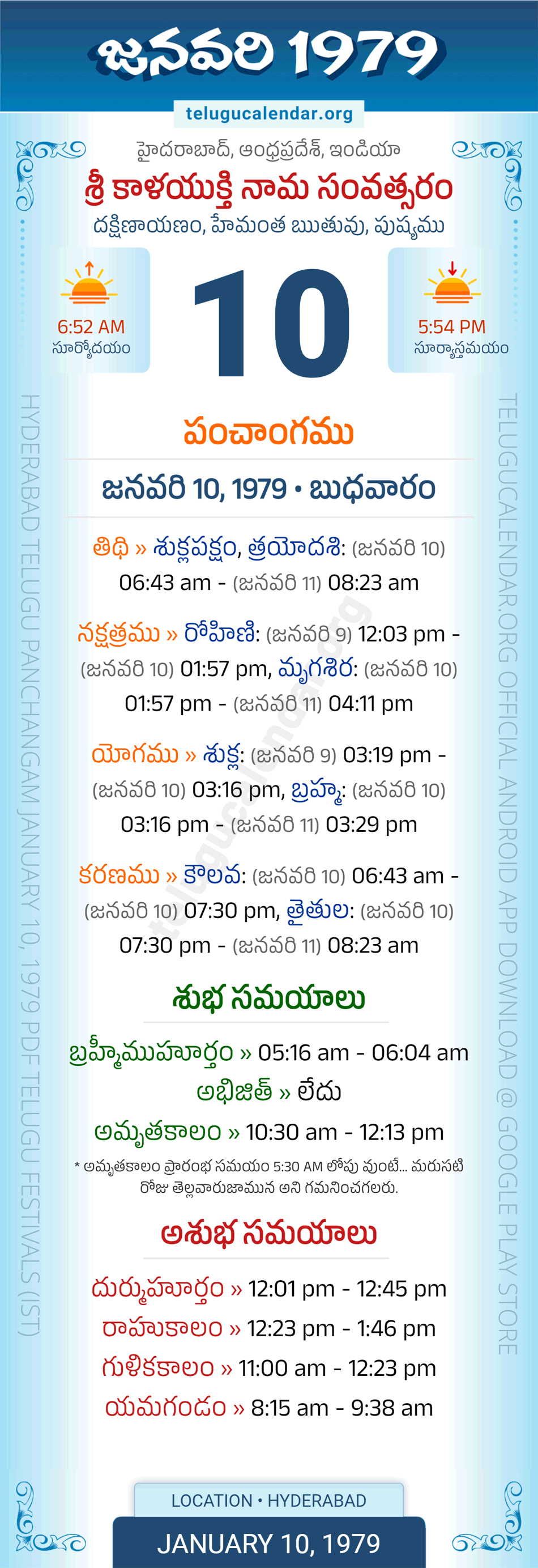January 10, 1979 Telugu Calendar Panchangam Daily