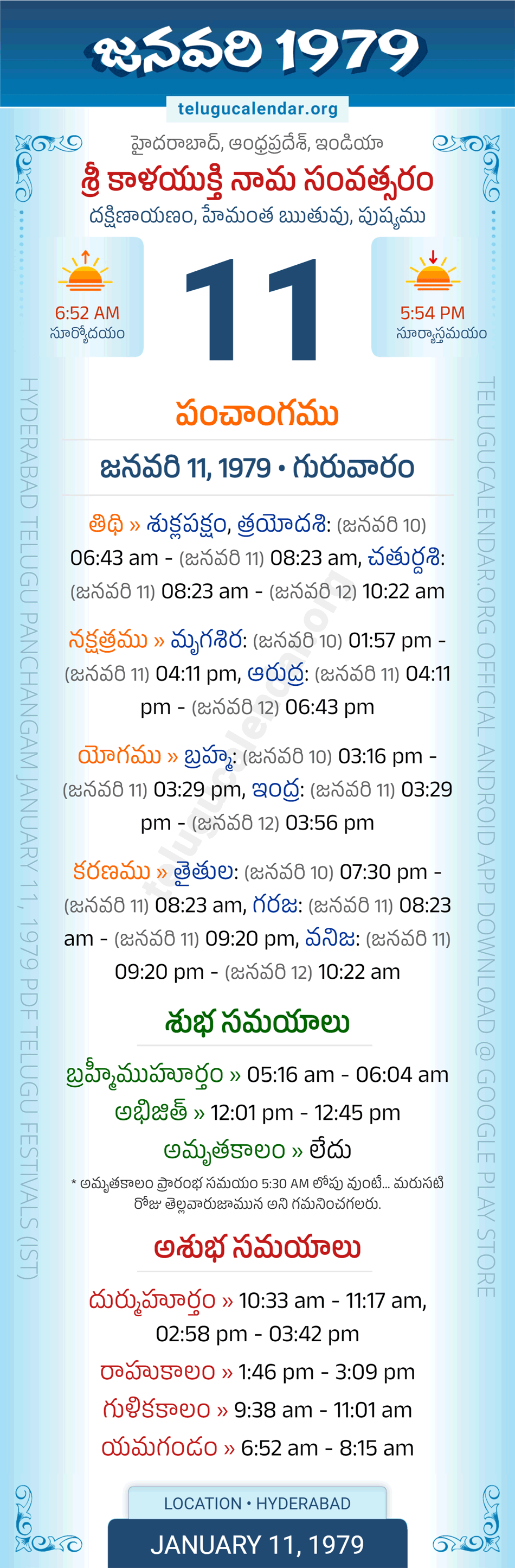January 11, 1979 Telugu Calendar Panchangam Daily