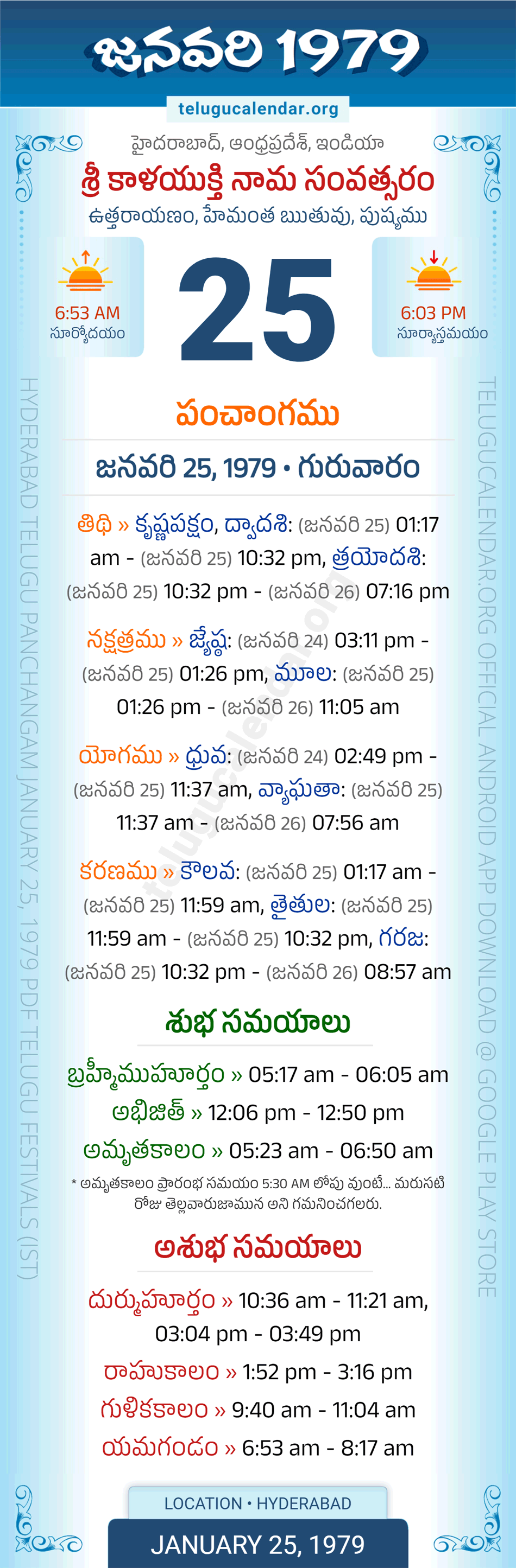 January 25, 1979 Telugu Calendar Panchangam Daily