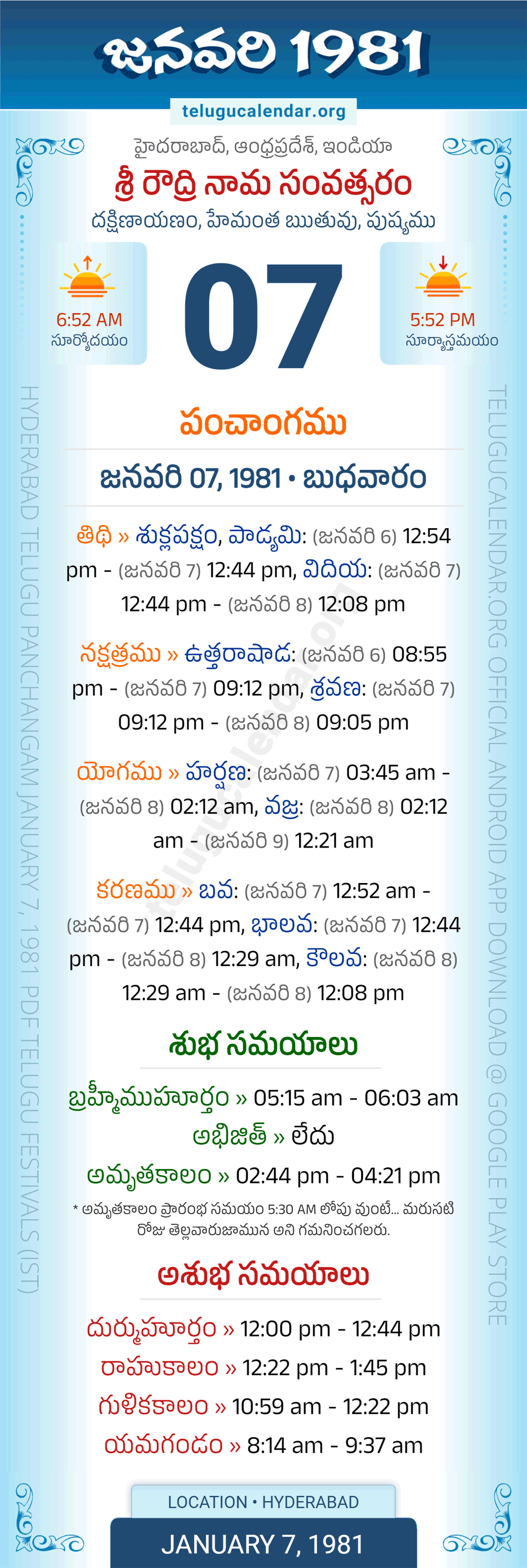 January 7, 1981 Telugu Calendar Panchangam Daily