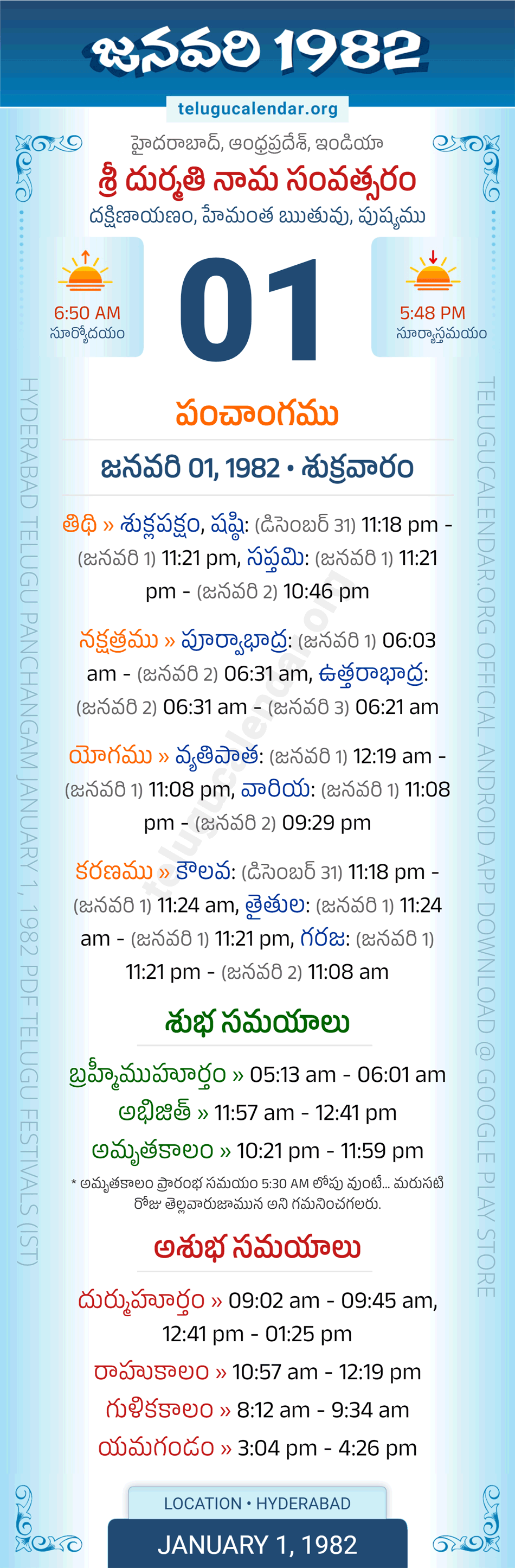 January 1, 1982 Telugu Calendar Panchangam Daily