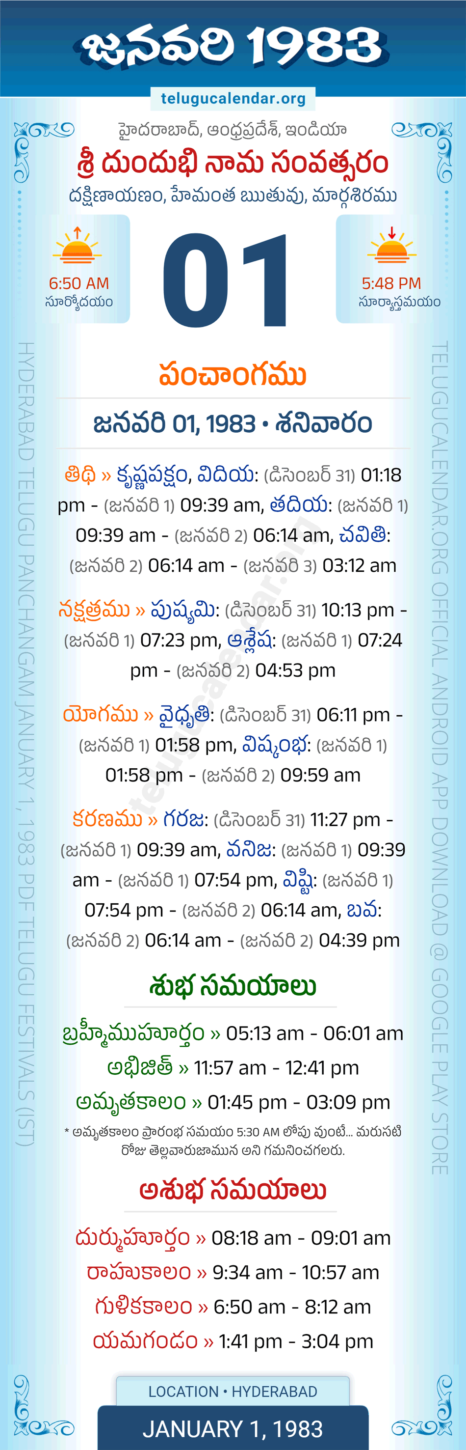 January 1, 1983 Telugu Calendar Panchangam Daily