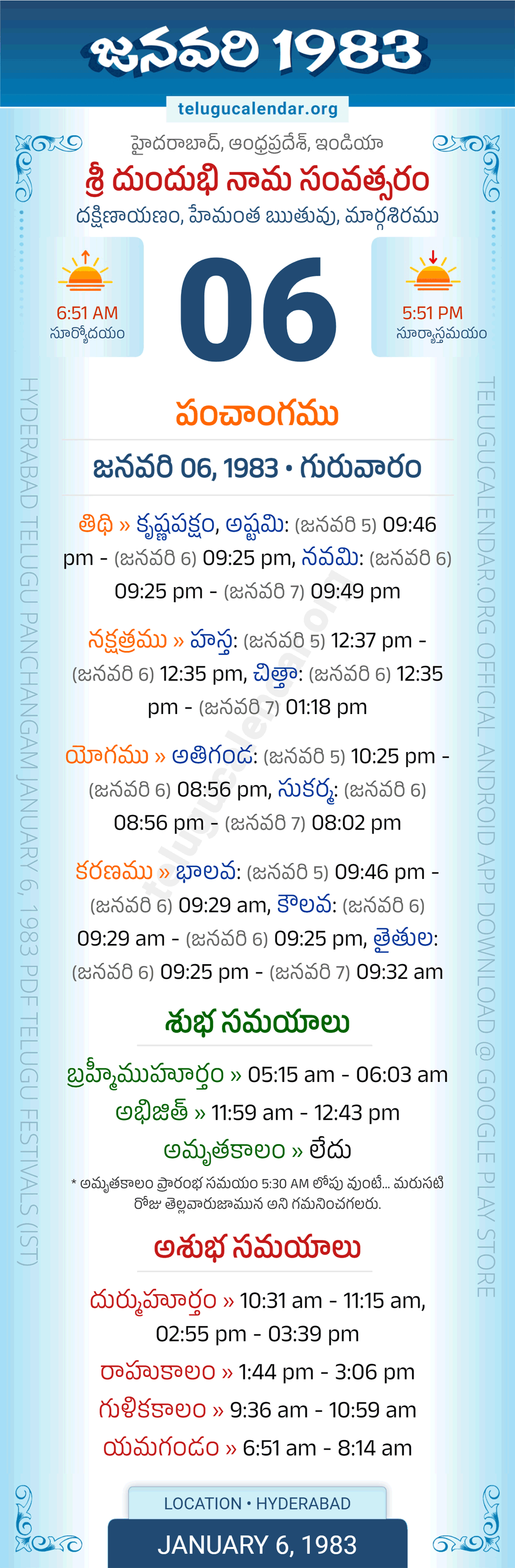 January 6, 1983 Telugu Calendar Panchangam Daily
