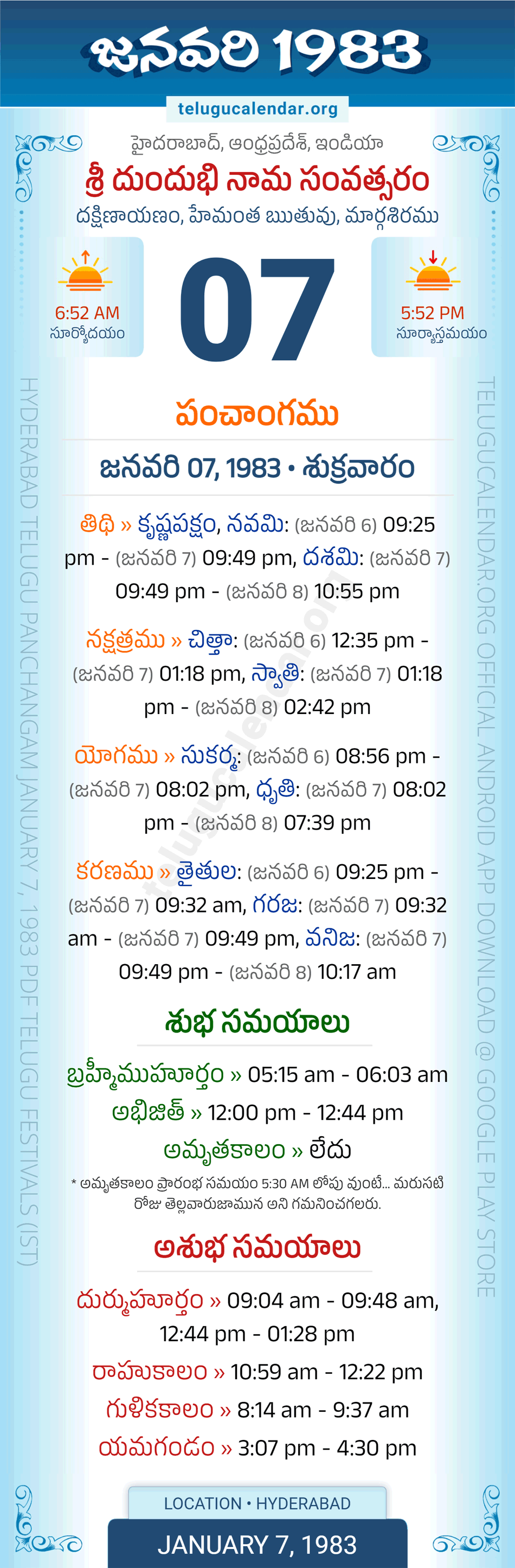 January 7, 1983 Telugu Calendar Panchangam Daily