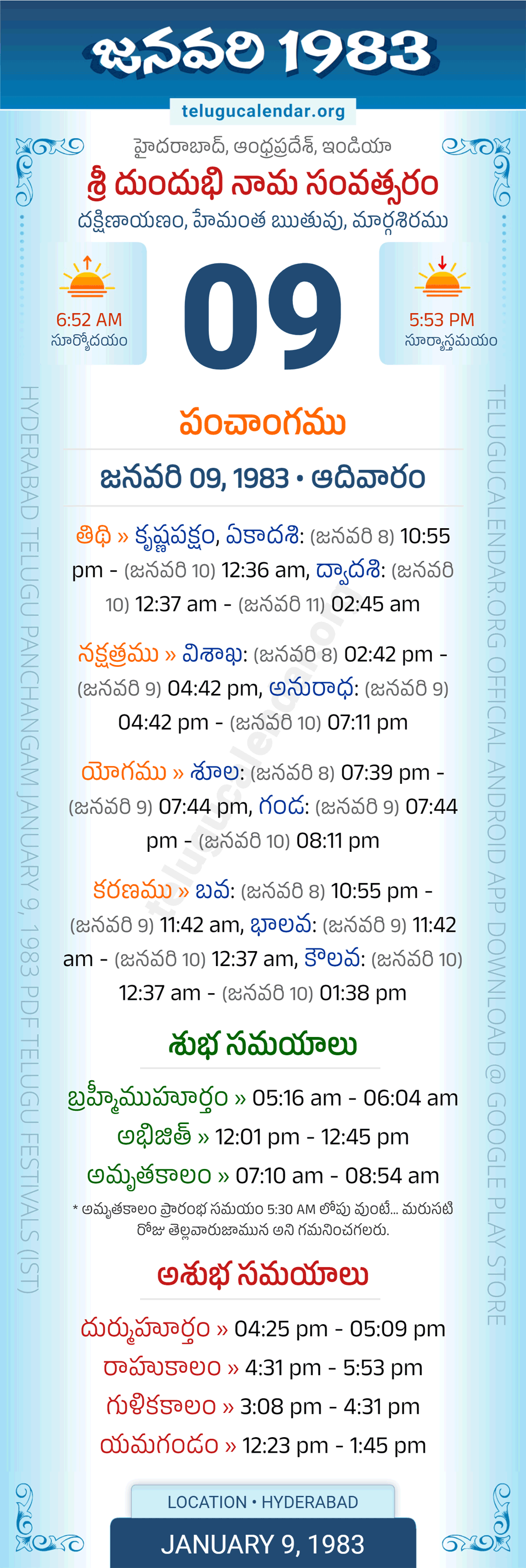 January 9, 1983 Telugu Calendar Panchangam Daily