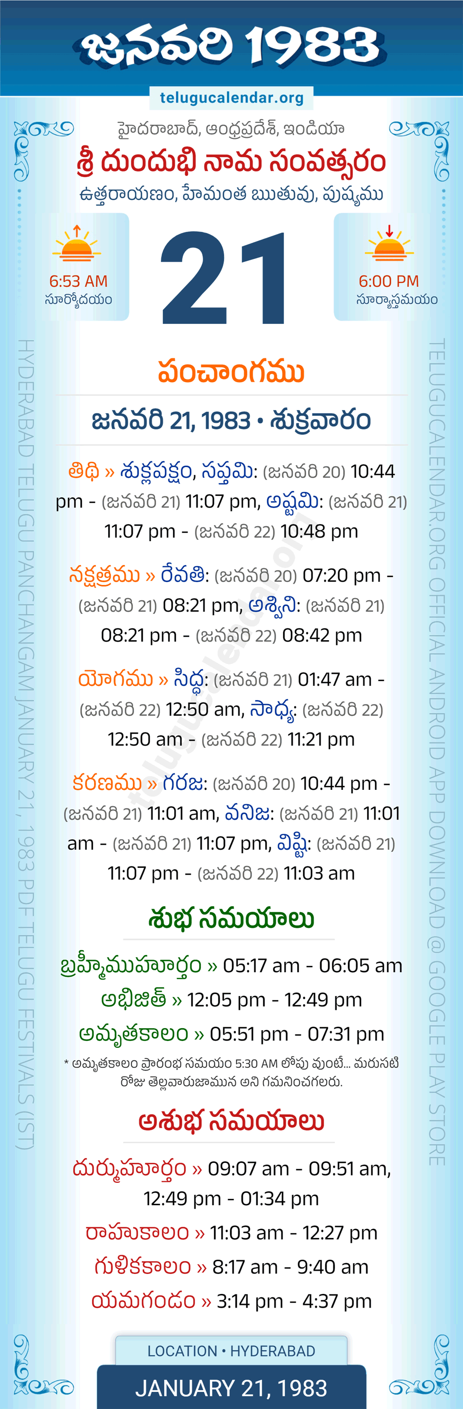 January 21, 1983 Telugu Calendar Panchangam Daily