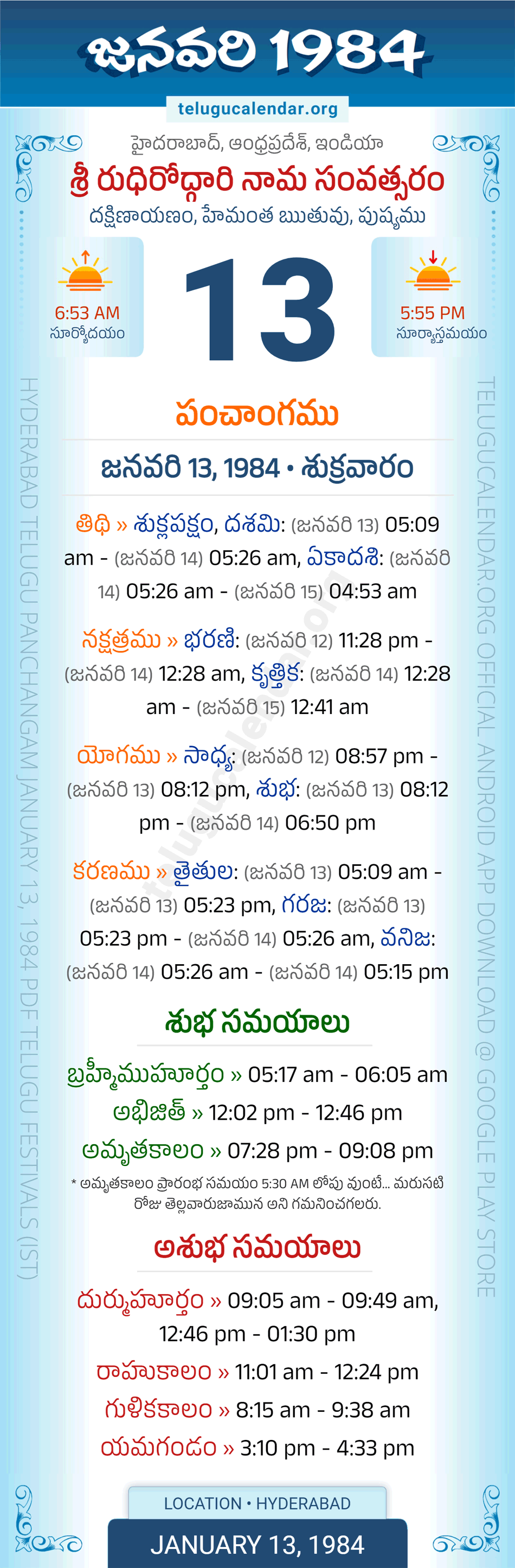 January 13, 1984 Telugu Calendar Panchangam Daily