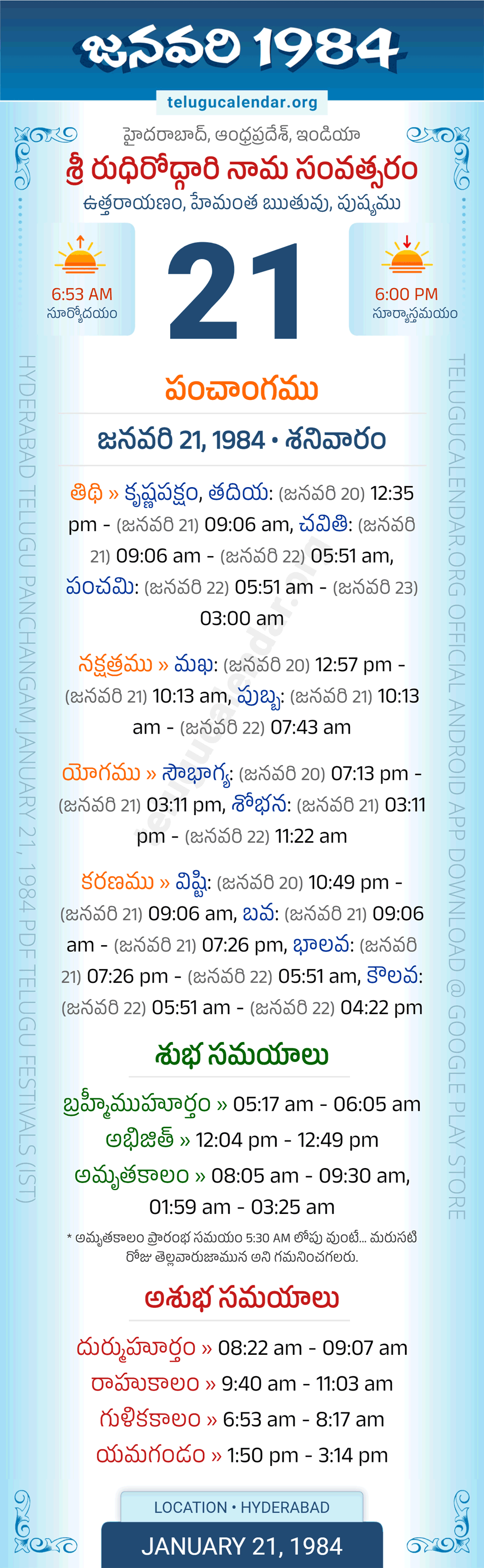 January 21, 1984 Telugu Calendar Panchangam Daily