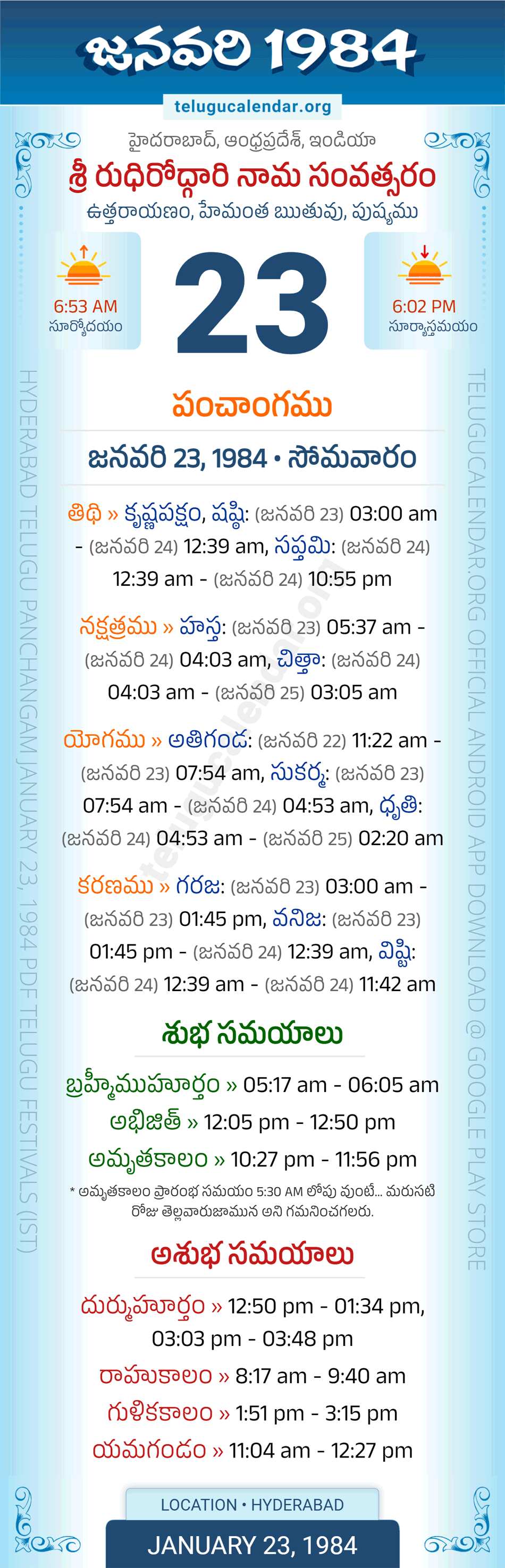 January 23, 1984 Telugu Calendar Panchangam Daily