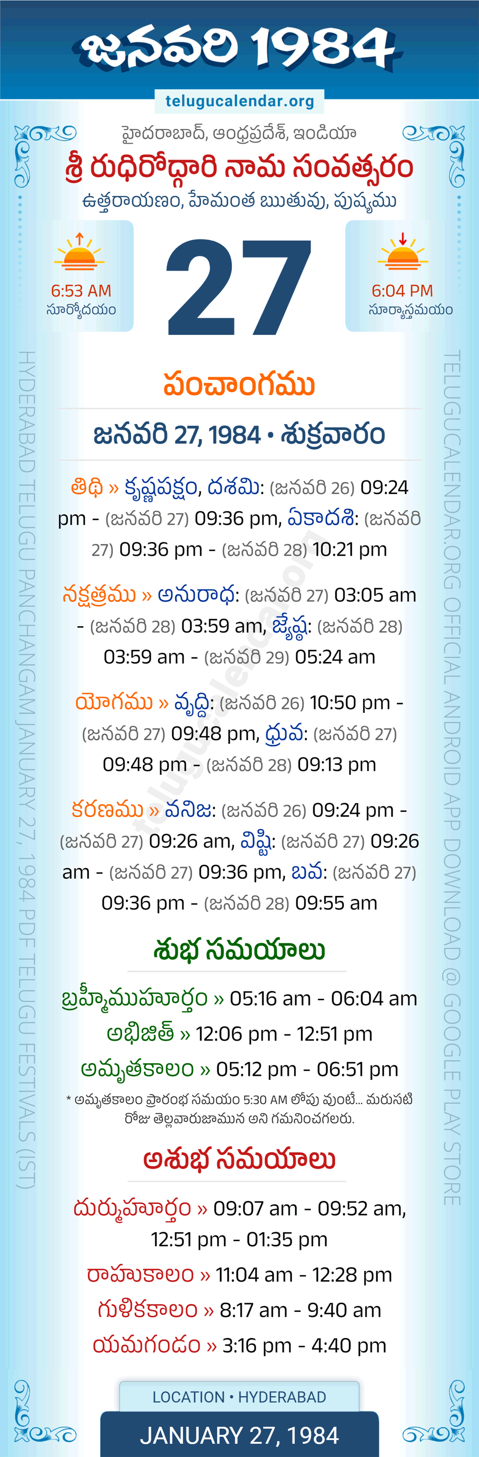 January 27, 1984 Telugu Calendar Panchangam Daily