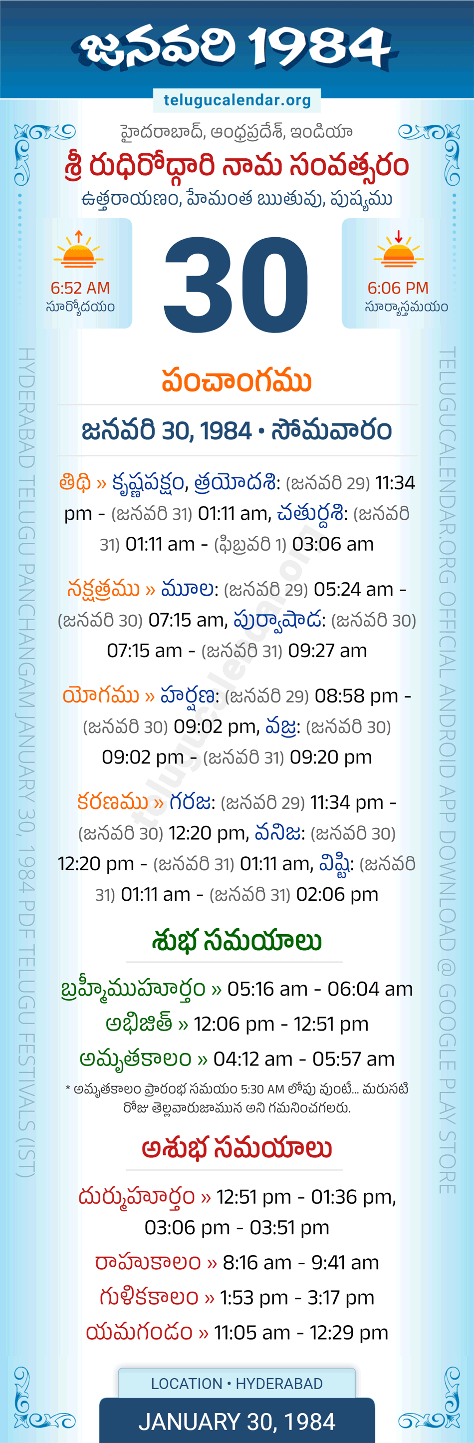January 30, 1984 Telugu Calendar Panchangam Daily