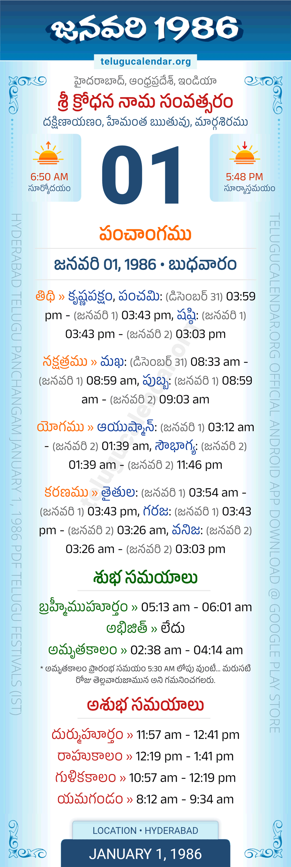 January 1, 1986 Telugu Calendar Panchangam Daily