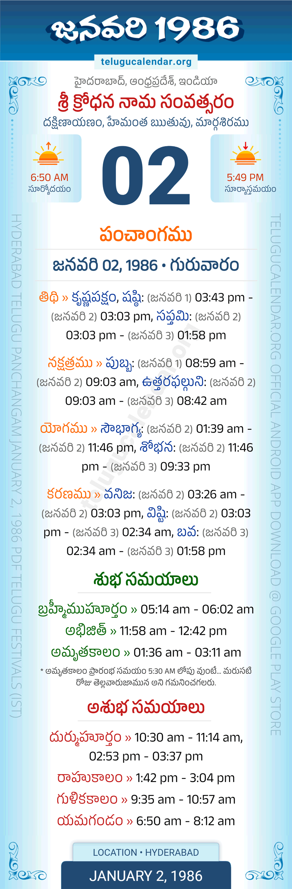 January 2, 1986 Telugu Calendar Panchangam Daily