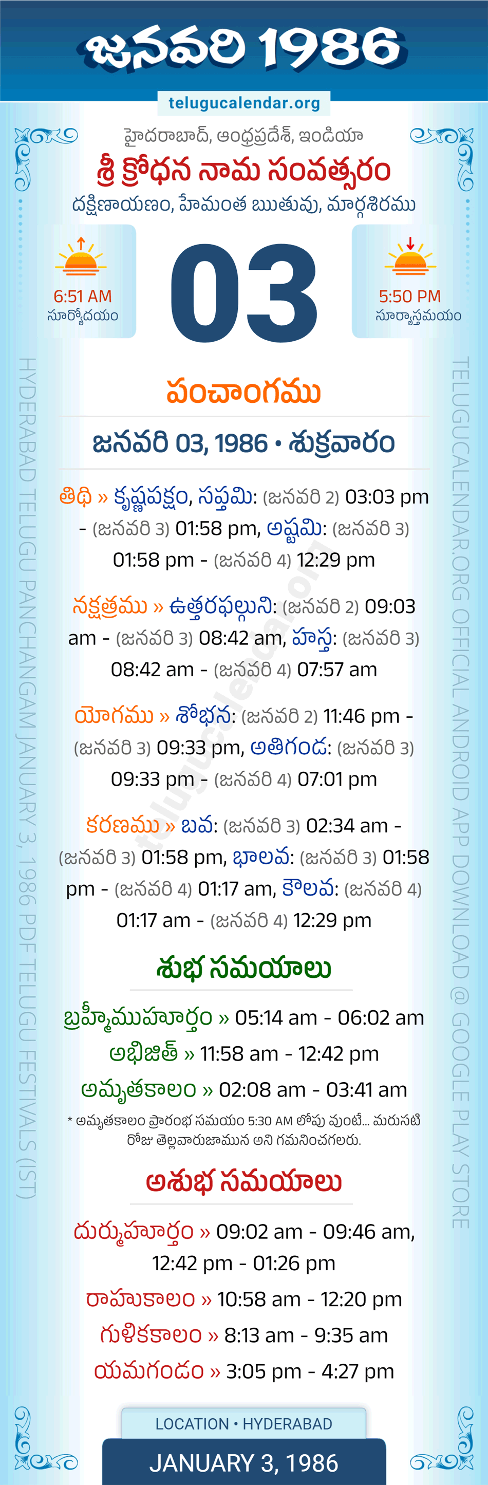 January 3, 1986 Telugu Calendar Panchangam Daily