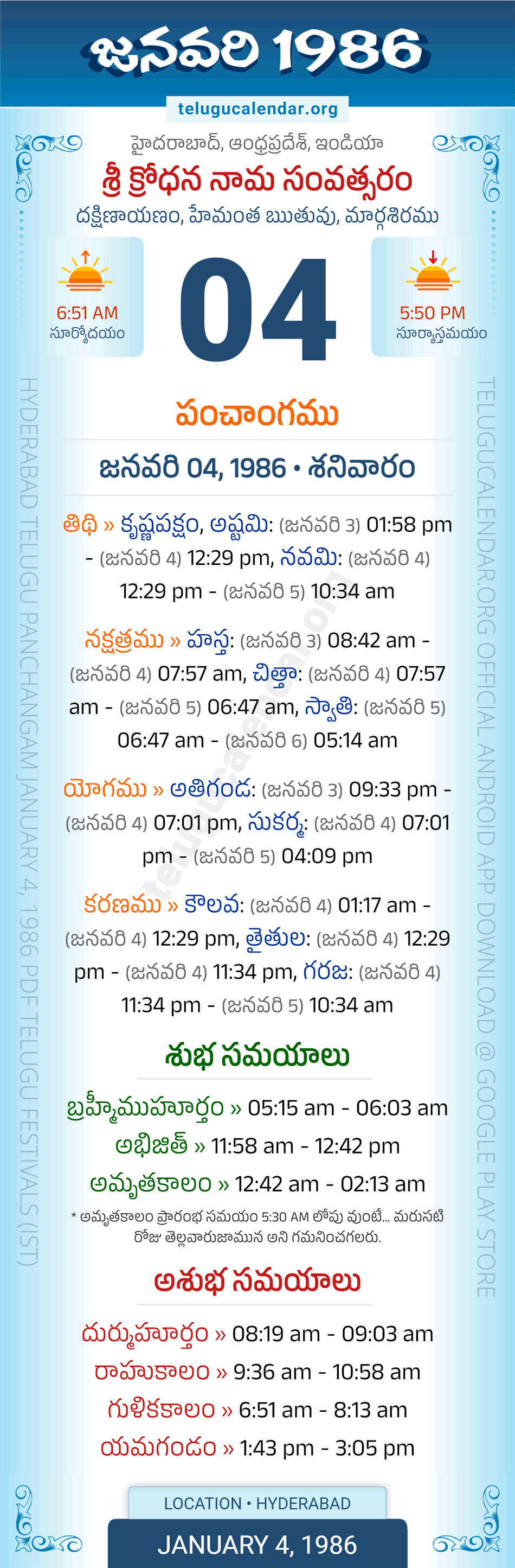 January 4, 1986 Telugu Calendar Panchangam Daily